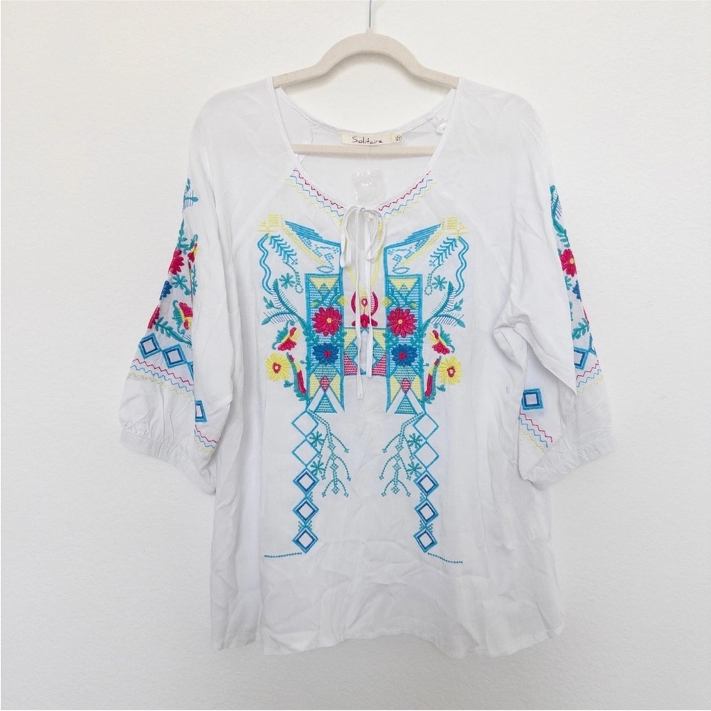 Solitaire Embroidered White Boho Peasant Top Sz XL